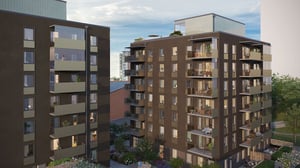 Lägenheter i moderna flerbostadshus med balkonger