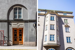 Kollagebild av entreport och burspråk i fasad