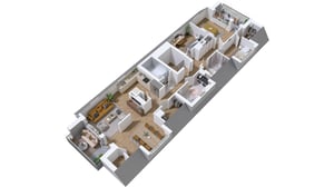 Lägenhet i 3D-planritning med möblerade rum, kök, vardagsrum och sovrum