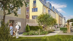 Illustration av bostadsgård med flerbostadshus, grönska och några personer som promenerar