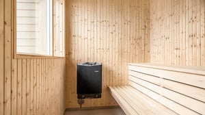 Bastu med träpaneler och bastuaggregat