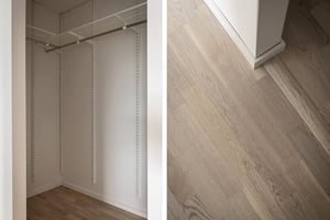 Inflyttningsklart sovrum med garderobsförvaring och ljus trägolv