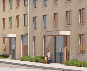 Illustration av bostadshus med entréer och två personer utanför