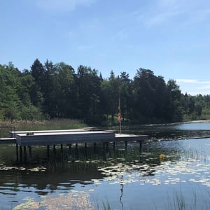 Badbrygga vid sjö med skog i bakgrunden och näckrosor i vattnet
