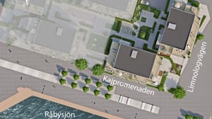 Översiktsbild av bostadsområde vid Råbysjön med Kajpromenaden och Limnologvägen