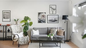 Vardagsrum med grå soffa, fåtölj, växter och väggkonst i ljus och modern inredning
