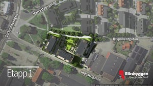 Illustrationsbild av bostadsområde från ovan med markerad etapp 1, omgiven av gatorna Surbrunnsvägen, Herrestadsgatan, Disponentgatan och Industrigatan