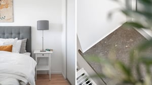 Inflyttningsklar lägenhet med stilren sovrumsmiljö, säng, sängbord och lampa