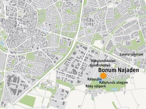 Karta över Lund med markering vid Bonum Najaden nära Råbysjön och Råby sjöpark