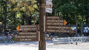 Skyltar vid en stig i skogen med vägvisning till Naturstig, Östgötaleden och Mountainbikespår 1