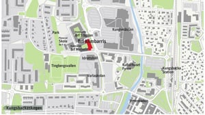 Karta över Kungsbacka med Brf Kombarris markerat nära Tingbergsvallen, Kungsbacka station och Kungsmässan