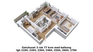 3D-illustration av 3 rum och kök, 77 kvm samt balkong