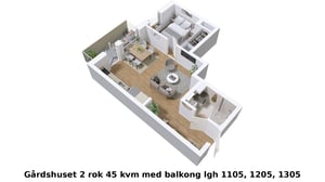 3D-illustration av en lägenhet, Gårdshuset 2 rok 45 kvm med balkong