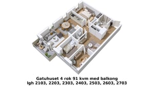 3D-illustration av en  lägenhet med 4 rum och balkong