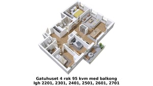 Lägenhet i 3D med 4 rum och kök, 95 kvm, balkong och möblerade rum