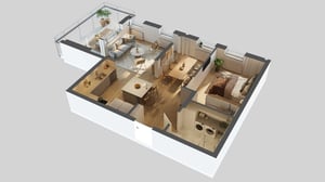 3D-planlösning till lägenhet med två sovrum, vardagsrum, kök och balkong i en ljus 3D-planlösning