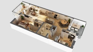 3D-planlösning till lägenhet med öppen planlösning, vardagsrum, kök, matplats och två sovrum
