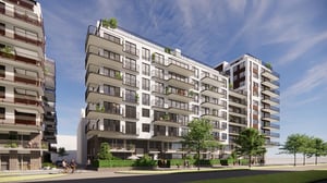 Illustration av moderna flerbostadshus med balkonger och grönska i bostadsområde
