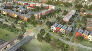 Illustration av Östra Ramlösa med radhus, grönområden, gångvägar och en bro