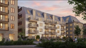 Illustration av moderna flerbostadshus, i Täby Park, med balkonger och upplysta fönster i kvällsljus