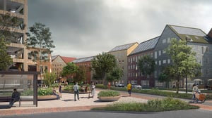 Illustration av Östra Ramlösa med flerbostadshus, träd och människor på innergård