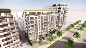 Illustration av lägenhet i modernt flerbostadshus med balkonger och gröna gårdsmiljöer