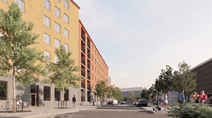 Illustration av nytt bostadskvarter med flerbostadshus, träd och människor på gata och gångväg
