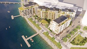 Illustration av inflyttningsklar lägenhet vid vatten, moderna flerbostadshus med balkonger och bryggor