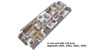 Lägenhet med 4 rum och kök, 115 kvm, visad som 3D-planlösning