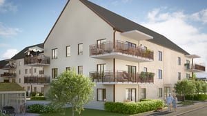 Illustration av nyproducerade lägenheter med balkonger, grön innergård och inflyttningsklart boende
