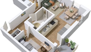 Lägenhet i 3D-illustration med kök, vardagsrum, sovrum och matplats