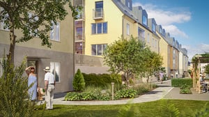 Bostadsgård med flerbostadshus, grönska och boende som promenerar i ett trevligt kvarter