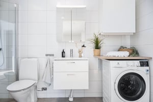 Inflyttningsklart badrum med toalett, dusch, handfat och tvättmaskin