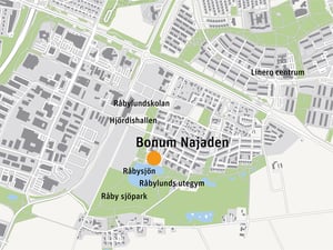Karta över området kring Bonum Najaden vid Råbysjön i Lund