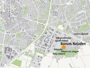 Karta över Lund med markering vid Bonum Najaden nära Råbysjön och Råby sjöpark