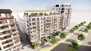 Illustration av lägenhet i modernt flerbostadshus med balkonger och gröna gårdsmiljöer