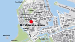 Karta över Brf Stjärnkompassen i Malmö med markerad plats nära Turning Torso och Västra Varvsgatan