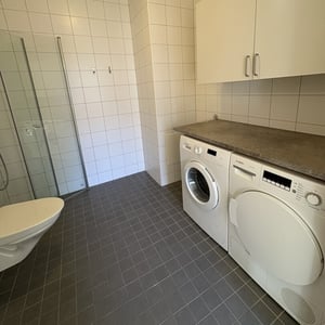 Badrum med duschhörna, toalett och tvättmaskin samt torktumlare