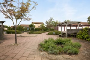 En lekplats med gungställning, sandlåda, träd och sittplatser omgiven av hus och grönska under en klar himmel