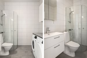 Tvättstuga med toalett, duschhörna och tvättmaskin i ljusa kaklade ytor