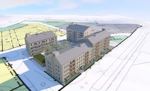 Illustration av bostadskvarter med flera flerbostadshus på en situationsplan
