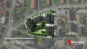 Flygvy över bostadsområdet Bonum Brf Symfoni med byggnader, grönområden och omgivande gator markerade