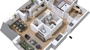 Illustration av en inflyttningsklar lägenhet med kök, vardagsrum, sovrum och badrum i öppen planlösning