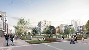 Illustration av ett grönt stadskvarter med bostadshus, gångstråk och människor som vistas i parken