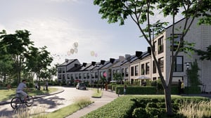 Illustration av radhus längs en grön gata med träd, människor och en cyklist