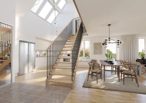 Lägenhet med öppen planlösning, trappa, kök och matplats