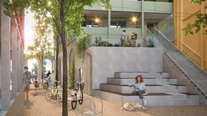 Illustration av bostadsgård med människor, cyklar, trappor och sittplatser vid flerbostadshus