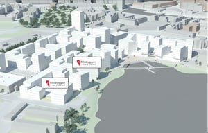Illustration av ett stadsutvecklingsprojekt med många vita byggnader, vatten vid kanten och områden med grönska samt två skyltar med texten "Riksbyggen