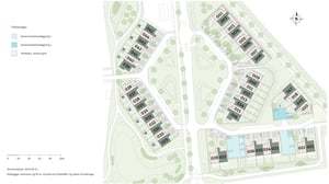 Illustration av en stadsplan med byggnader, gångvägar och grönområden, samt numrerade enheter och en förklaringsruta