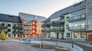 Flerfamiljshus med moderna fasader, balkonger och en innergård med planteringar och uteplatser